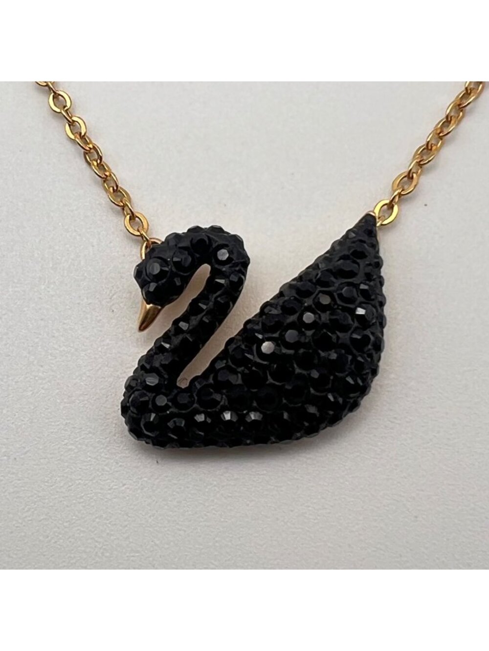 Authentic Signed Swarovski Black Swan Necklace Gold-Tone Crystal Pendant 15"-17"